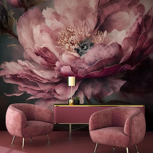 Floral abstract wall mural with large pink flower blossoms and dark petal accents