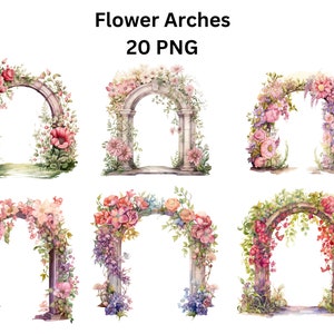 Watercolor floral arch clipart set with pink and white flowers, 20 PNG frames