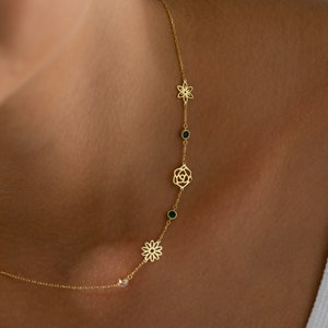 Gold birth flower necklace with dangling star and green birthstone bead charms