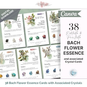 Printable Bach flower essence cards with associated crystals, set of 38, Canva templates