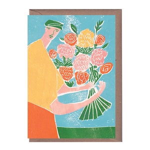 Greeting card with illustrated person holding a colorful flower bouquet