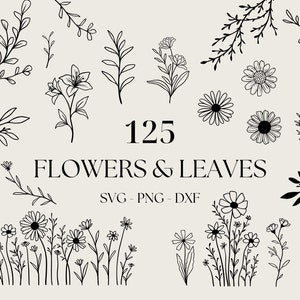 Floral and leaves SVG bundle with 125 black line art flowers and leaves elements