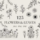 Flowers And Leaves Svg, Floral SVG Bundle, Minimalist Flower Bouquet, Botanical SVG, Floral Lineart, Wildflowers art Svg
