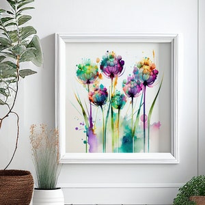 Framed botanical art print of colorful watercolor allium flowers with splatter dots.
