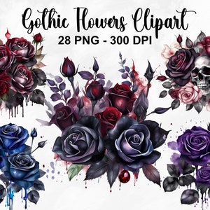 Gothic rose floral clipart set with dark burgundy, purple, and blue flowers