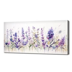 Floral canvas wall art with watercolor lavender wildflowers in a long horizontal panel