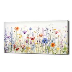 Pastel wildflower canvas print with watercolor flowers on a stretched white frame