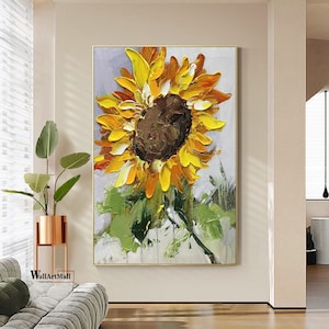 Abstract sunflower texture canvas painting with yellow petals and dark center