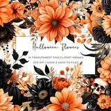 Watercolor Halloween Flowers Clipart, Transparent PNG, Floral Clipart, Orange Flowers Clipart, Black Flowers Clipart, Halloween Themed