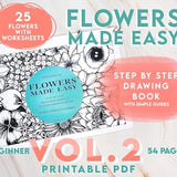 Flowers made easy volume 2 printable step-by-step drawing book cover, worksheets