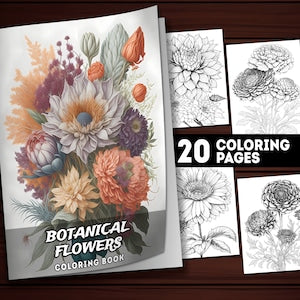 Botanical flowers coloring book cover with 20 printable pages, grayscale style, PDF download