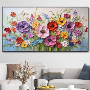 Colorful floral canvas painting with hand-painted spring bouquet in a dark frame