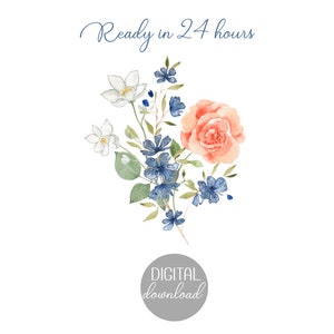Watercolor birth flower bouquet digital download with peach rose and blue blossoms