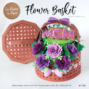 3D flower basket craft with purple blossoms and 'MOM' lettering, pink lattice design