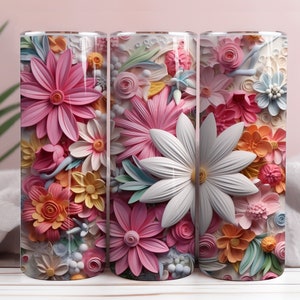 3D floral tumbler sublimation wrap with white and pink layered flowers and teal accents