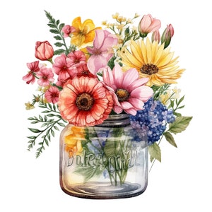 Pastel wildflowers in glass jar with painted watercolor-style clipart bouquet
