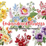 Embroidered Flower Clipart | Floral PNG Designs | Flower Clipart | Embroidery Style Clipart | Embroidered Clipart Flowers | Commercial Use