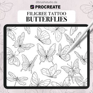 Filigree butterfly tattoo stamp sheet with thin line art butterfly outlines