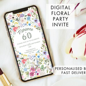 Digital floral party invitation displayed on smartphone, with multicolor flower border.