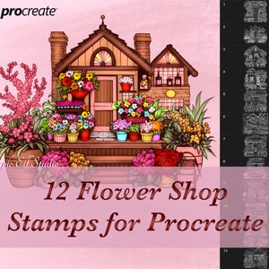 Procreate flower shop stamp brush set with floral storefront preview and flowers
