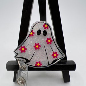 Ghost badge reel ID holder with floral flowers, retractable clip