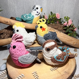 Crochet pattern bundle mini amigurumi birds and mice, assorted pastel and gray