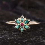 Minimalist July Birthstone Round Ruby Ring Delicate May Birthstone Emerald Halo Promise Ring Art Deco Flower Ring Nature Inspired Jewelry