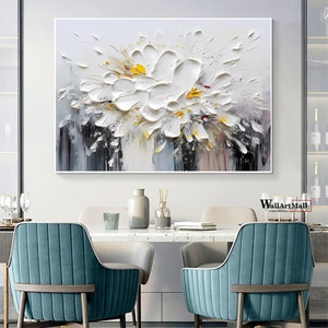 Framed 3D wall art painting with white embossed flowers over gray textured strokes
