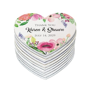 Heart-shaped thank you wedding magnet set with floral design and names, date text