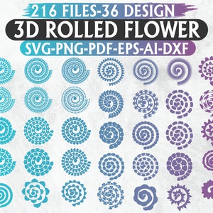 3D rolled flower SVG and cut file bundle with rosette and swirl flower designs