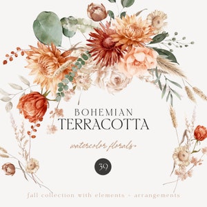 Watercolor bohemian terracotta floral wreath clipart with peach, orange, and green leaves