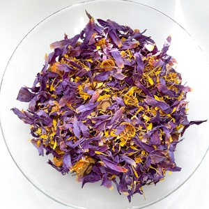 Dried purple lotus petals and flakes for herbal tea, incense, or crafts