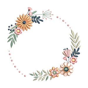 Circular floral embroidery design with pastel flowers, leaves, and dotted border