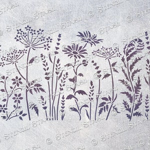 Floral and leaf stencil sheet with wild meadow mix pattern, purple design on white
