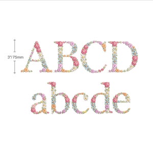 Floral alphabet machine embroidery design with uppercase and lowercase A–D, multicolor flowers