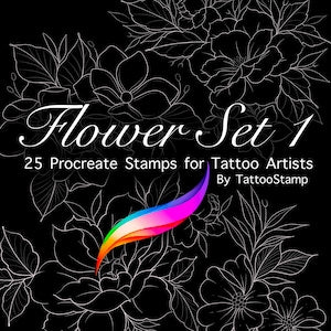 Flower stamp brush set for Procreate, featuring thin-line floral tattoo motifs