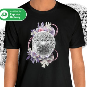 Black crew-neck T-shirt with silver disco ball and purple floral graphic