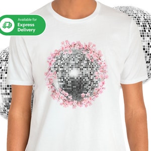 White short-sleeve T-shirt with pink and silver disco ball graphic at chest