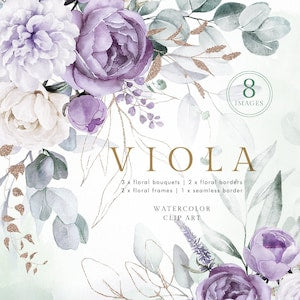 Watercolor floral invitation card with purple rose and eucalyptus leaves, 'VIOLA' text