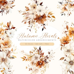 Watercolor autumn floral clipart wreath with beige, orange and white flowers