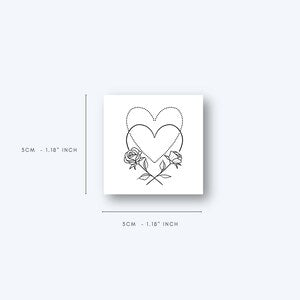 Set of 2 temporary heart and flower dotted outline tattoos, small size