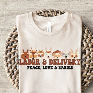 Light cream graphic t-shirt with Labor & Delivery animal print