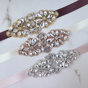 Flower girl sash with crystal floral applique in burgundy, ivory, and blush