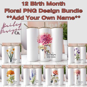 12 birth month floral tumbler wrap PNG design bundle with add-your-name space