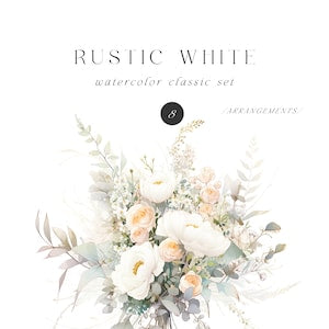 Rustic white watercolor floral bouquet clipart with roses and greenery arrangement