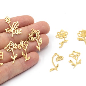 Gold-plated birth flower charm with shiny floral design, 15x25mm