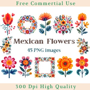 Mexican flowers clipart set with colorful floral ornaments and circular frames