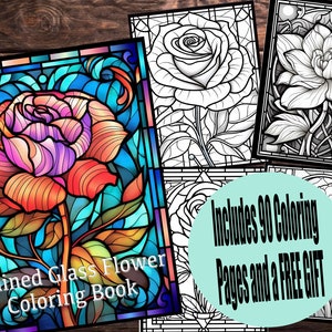 Stained glass flower coloring book with stained-glass cover, 90 pages, and free gift