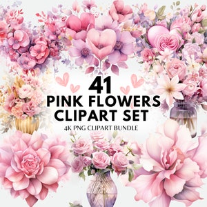 Pink flower clipart PNG bundle with watercolor roses and wildflowers, 41-piece set