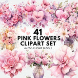 Pink Flower Clipart PNG Bundle Pink Floral Clipart Png Wildflower Clipart Roses Pink Bouquet Watercolor Clipart PNG Sublimation Bundle